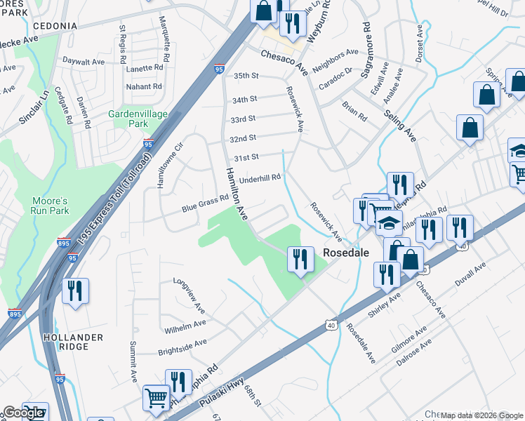 map of restaurants, bars, coffee shops, grocery stores, and more near 7908 Montrose Avenue in Rosedale