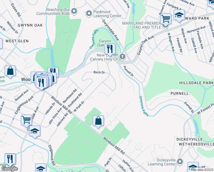 map of restaurants, bars, coffee shops, grocery stores, and more near 2604 Larchmont Drive in Woodlawn