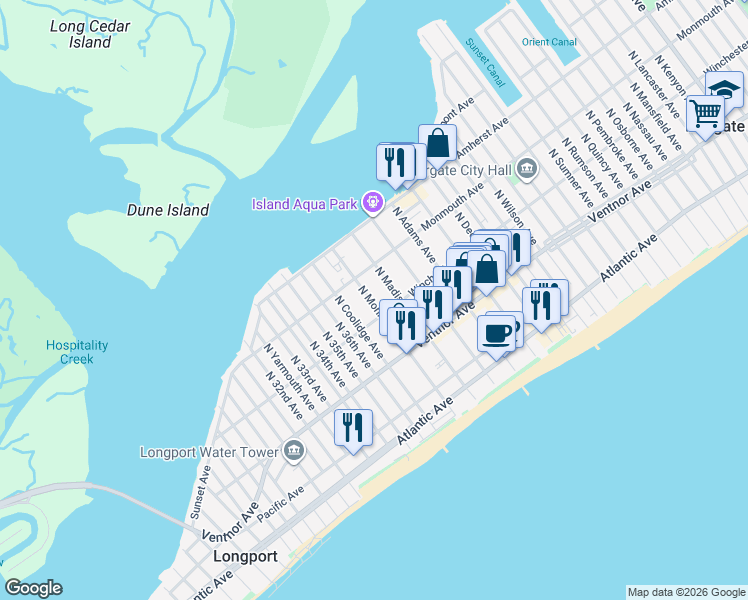 map of restaurants, bars, coffee shops, grocery stores, and more near 112 North Madison Avenue in Margate City