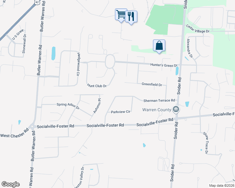 map of restaurants, bars, coffee shops, grocery stores, and more near 6367 Greenfield Drive in Mason