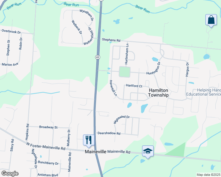 map of restaurants, bars, coffee shops, grocery stores, and more near 7565 Haverhill Lane in Maineville