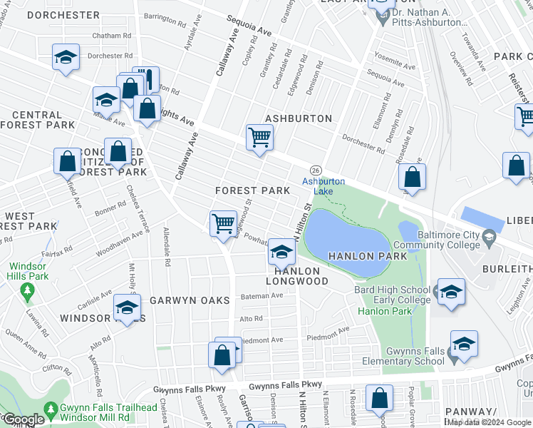 map of restaurants, bars, coffee shops, grocery stores, and more near 3402 Fairview Avenue in Baltimore