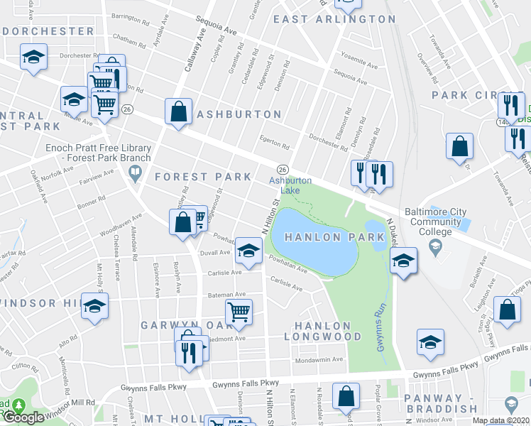 map of restaurants, bars, coffee shops, grocery stores, and more near 3104 North Hilton Street in Baltimore