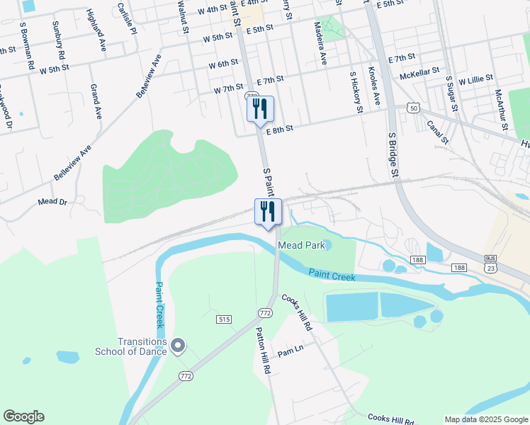 map of restaurants, bars, coffee shops, grocery stores, and more near 490 South Paint Street in Chillicothe