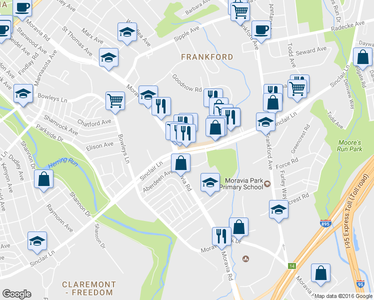 map of restaurants, bars, coffee shops, grocery stores, and more near 5016 Sinclair Lane in Baltimore