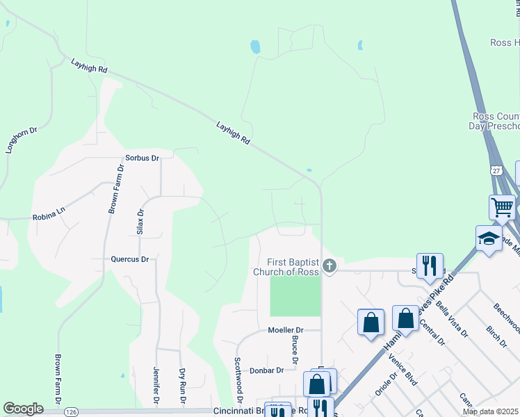 map of restaurants, bars, coffee shops, grocery stores, and more near 3853 Layhigh Road in Hamilton