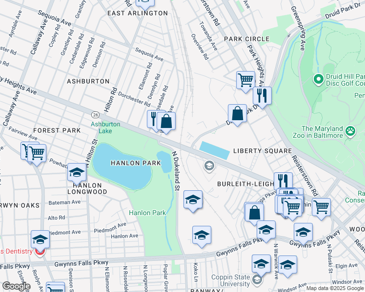 map of restaurants, bars, coffee shops, grocery stores, and more near 4300 Liberty Heights Avenue in Baltimore