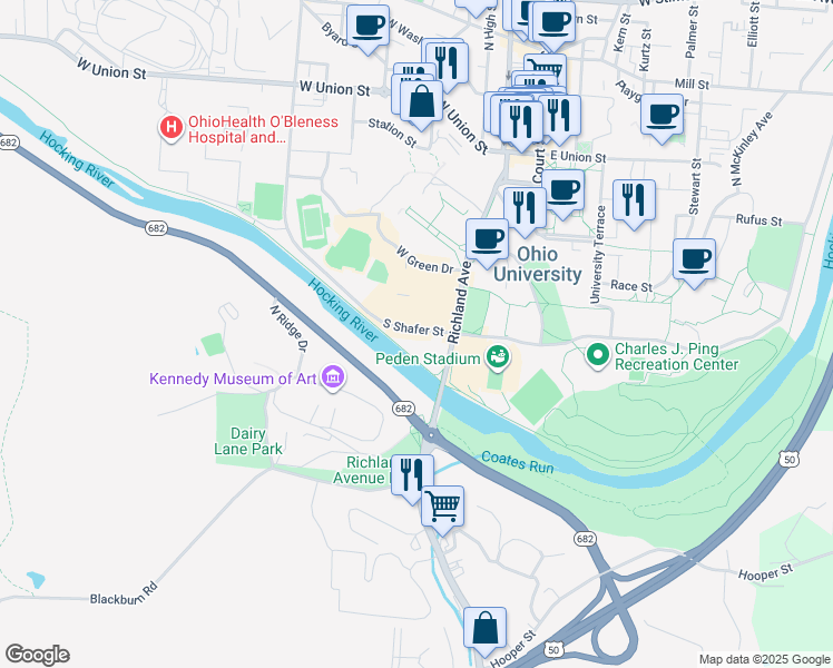 map of restaurants, bars, coffee shops, grocery stores, and more near in Athens County