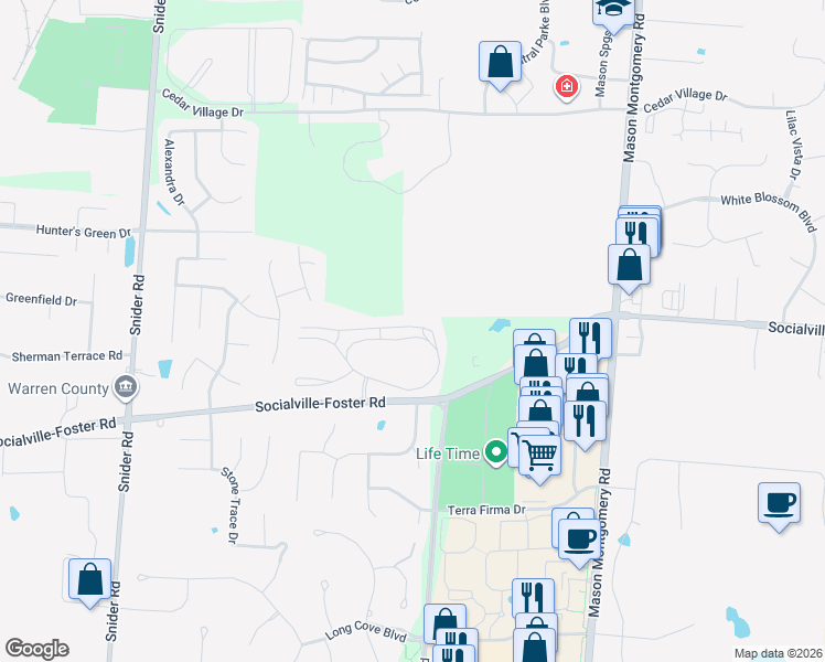 map of restaurants, bars, coffee shops, grocery stores, and more near 5452 Harbourside Drive in Mason