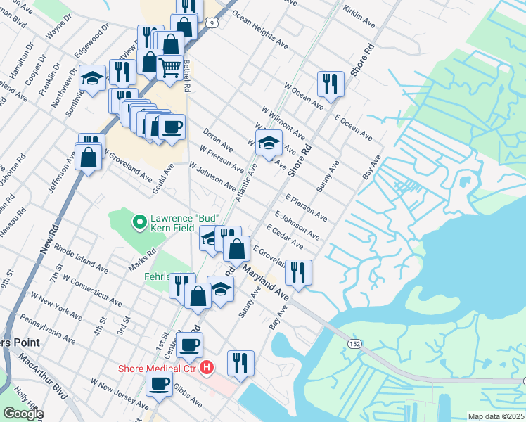 map of restaurants, bars, coffee shops, grocery stores, and more near 312 Shore Road in Somers Point