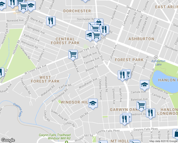 map of restaurants, bars, coffee shops, grocery stores, and more near 3955 Bonner Road in Baltimore