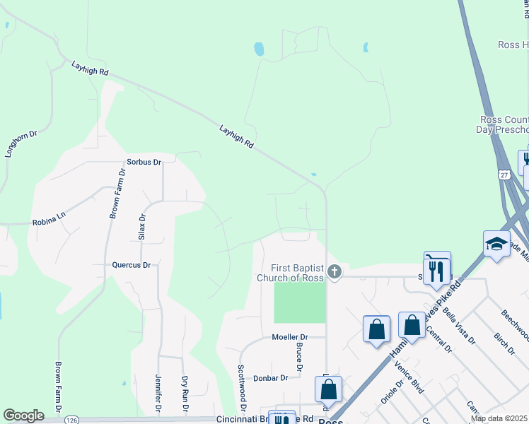 map of restaurants, bars, coffee shops, grocery stores, and more near 3853 Layhigh Road in Hamilton