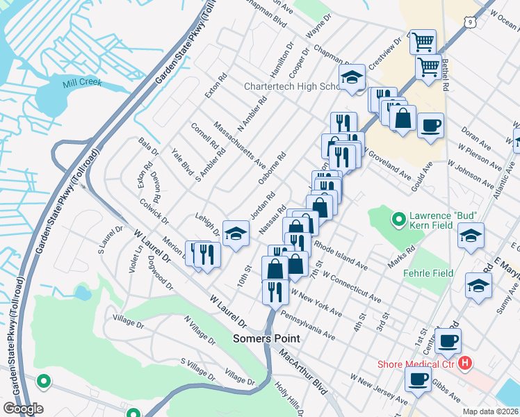 map of restaurants, bars, coffee shops, grocery stores, and more near Jordan Road in Somers Point