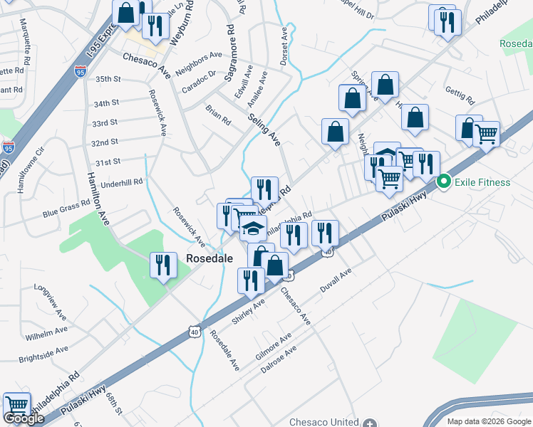 map of restaurants, bars, coffee shops, grocery stores, and more near 8055 Philadelphia Road in Rosedale