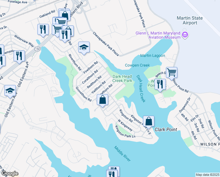 map of restaurants, bars, coffee shops, grocery stores, and more near 2226 Graythorn Road in Middle River