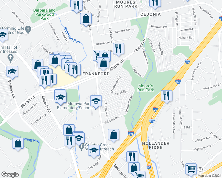 map of restaurants, bars, coffee shops, grocery stores, and more near 4814 Greencrest Road in Baltimore
