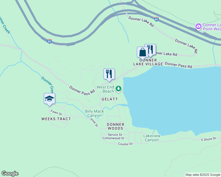 map of restaurants, bars, coffee shops, grocery stores, and more near 15947 South Shore Drive in Truckee