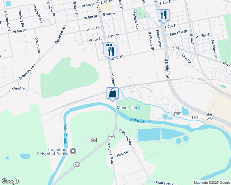 map of restaurants, bars, coffee shops, grocery stores, and more near 490 South Paint Street in Chillicothe