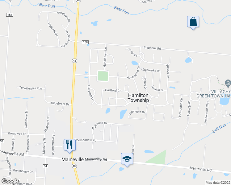 map of restaurants, bars, coffee shops, grocery stores, and more near 365 Hartford Court in Maineville