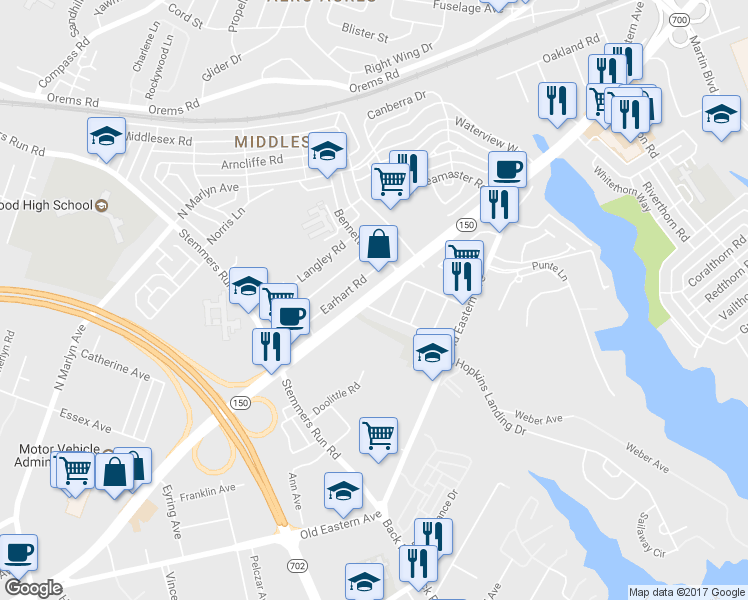 map of restaurants, bars, coffee shops, grocery stores, and more near 1739 Eastern Boulevard in Essex