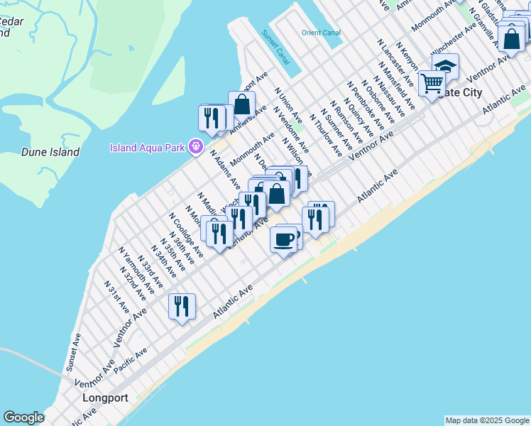 map of restaurants, bars, coffee shops, grocery stores, and more near 9223 Ventnor Avenue in Margate City