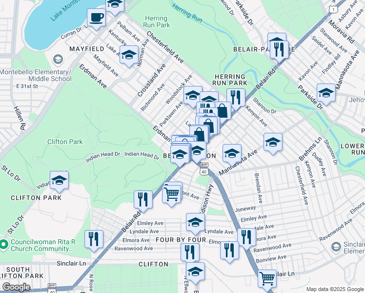 map of restaurants, bars, coffee shops, grocery stores, and more near 3000 Erdman Avenue in Baltimore