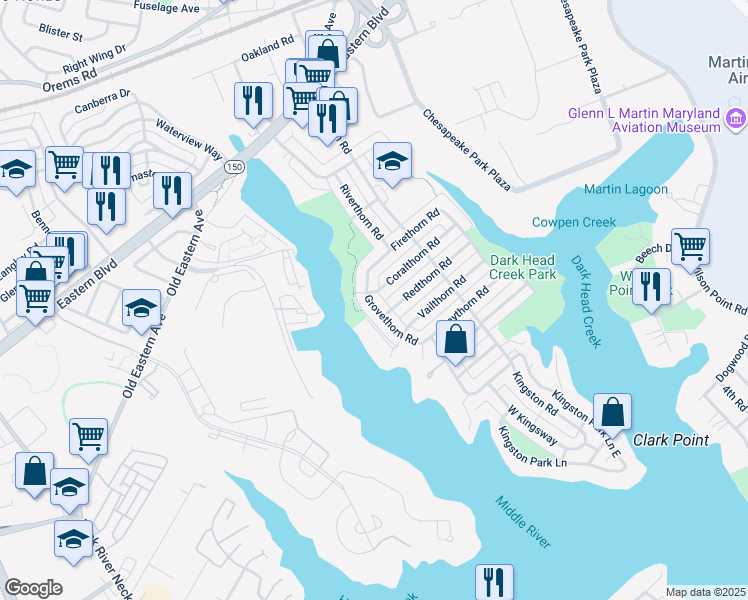 map of restaurants, bars, coffee shops, grocery stores, and more near 339 Grovethorn Road in Middle River