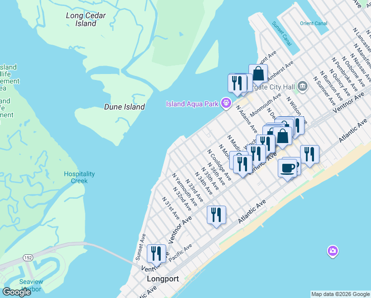 map of restaurants, bars, coffee shops, grocery stores, and more near 3501 Amherst Avenue in Longport