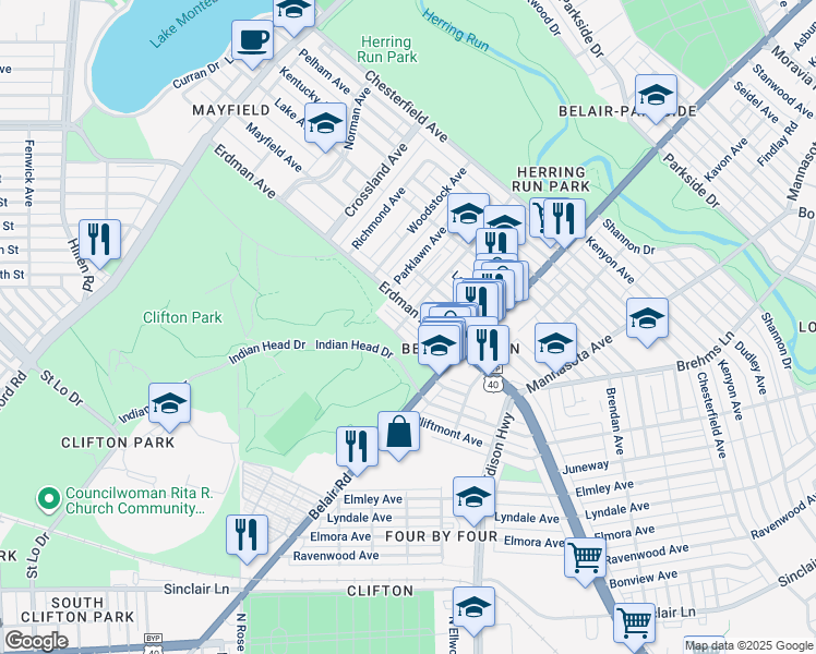 map of restaurants, bars, coffee shops, grocery stores, and more near 3203 Clarence Avenue in Baltimore