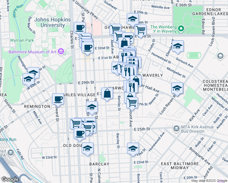 map of restaurants, bars, coffee shops, grocery stores, and more near 324 East 28th Street in Baltimore