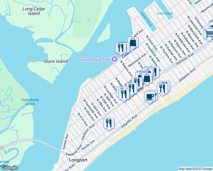 map of restaurants, bars, coffee shops, grocery stores, and more near 9712 Monmouth Avenue in Margate City
