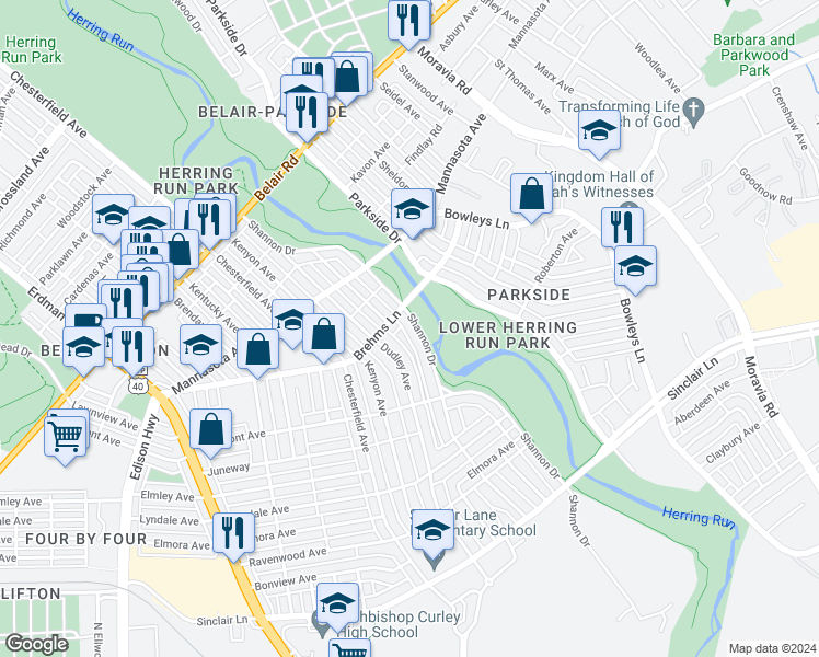 map of restaurants, bars, coffee shops, grocery stores, and more near 3521 Shannon Drive in Baltimore