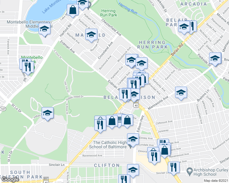 map of restaurants, bars, coffee shops, grocery stores, and more near 3203 Clarence Avenue in Baltimore