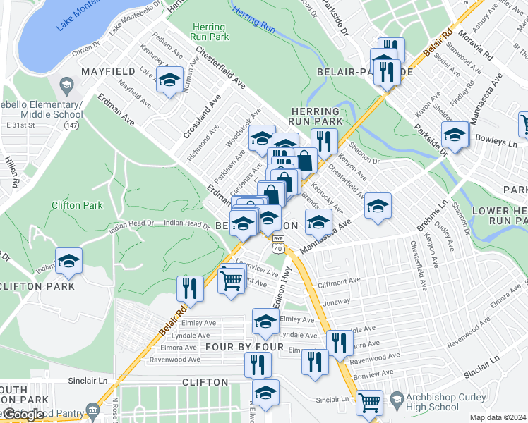 map of restaurants, bars, coffee shops, grocery stores, and more near 2875 Mayfield Avenue in Baltimore