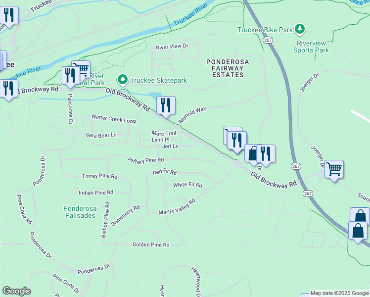 map of restaurants, bars, coffee shops, grocery stores, and more near 11070 Brockway Road in Truckee