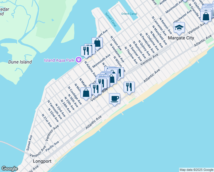 map of restaurants, bars, coffee shops, grocery stores, and more near 9223 Ventnor Avenue in Margate City