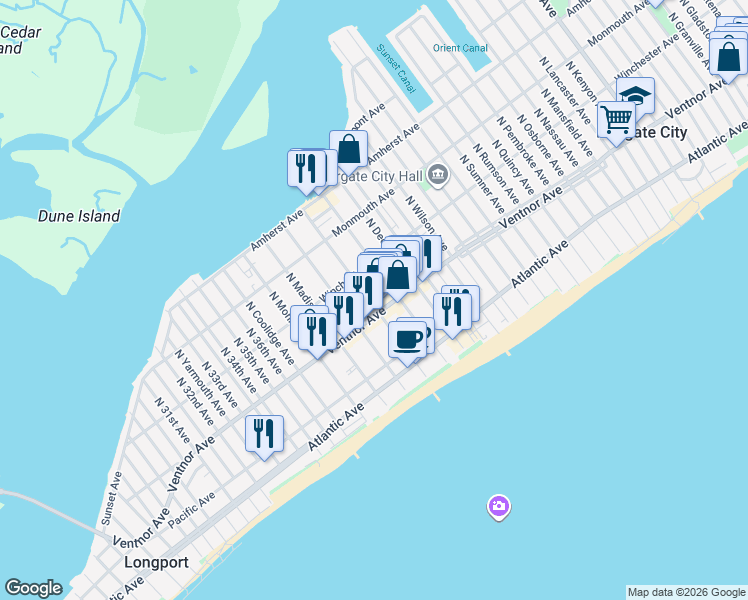 map of restaurants, bars, coffee shops, grocery stores, and more near 18 North Adams Avenue in Margate City