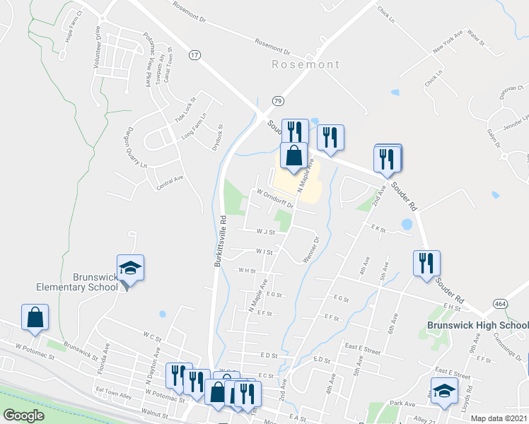 map of restaurants, bars, coffee shops, grocery stores, and more near 1035 Orndorff Court in Brunswick