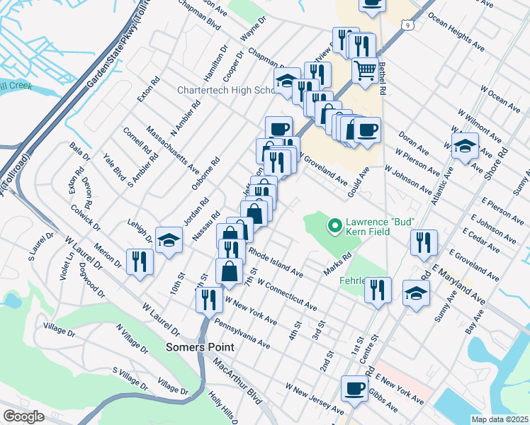 map of restaurants, bars, coffee shops, grocery stores, and more near 550 New Road in Somers Point