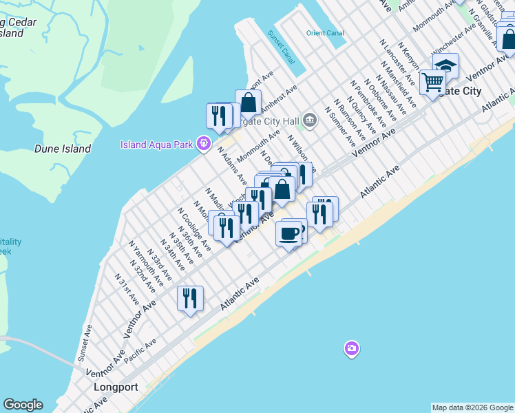 map of restaurants, bars, coffee shops, grocery stores, and more near 18 North Adams Avenue in Margate City