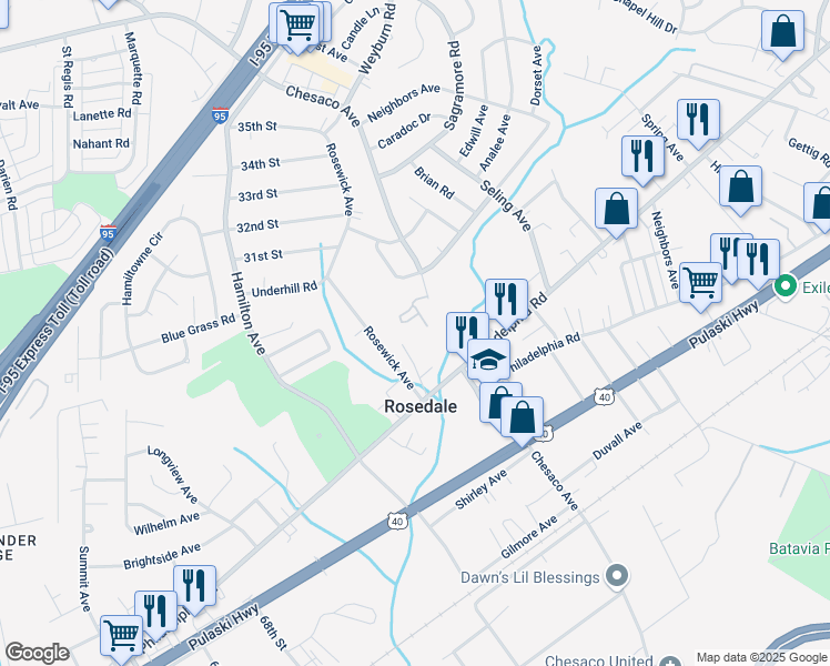 map of restaurants, bars, coffee shops, grocery stores, and more near 1315 Chesaco Avenue in Rosedale