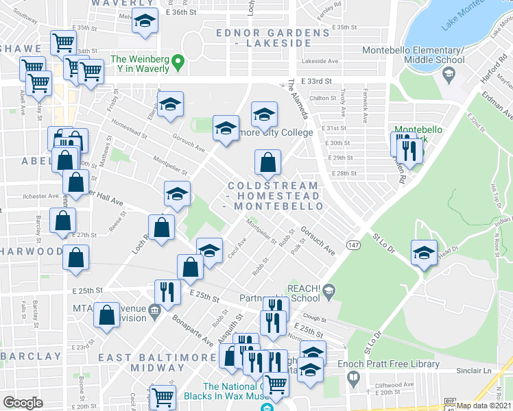 map of restaurants, bars, coffee shops, grocery stores, and more near 2713 Kirk Avenue in Baltimore