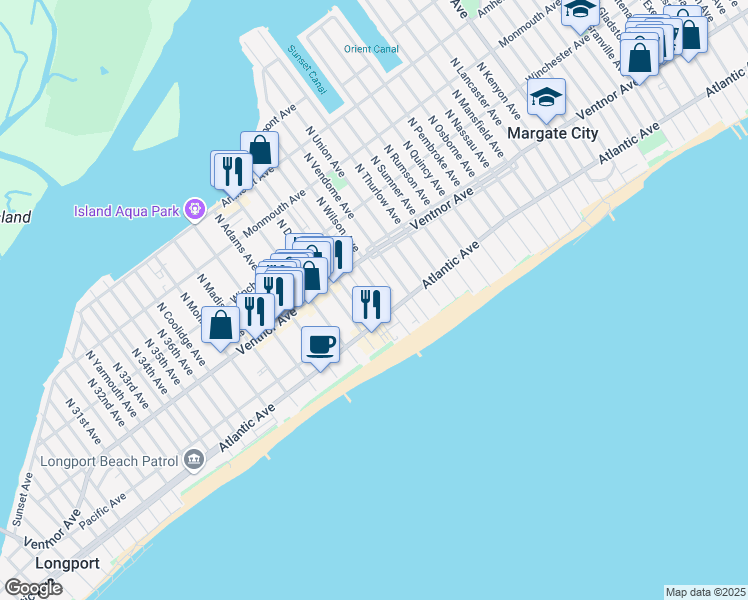 map of restaurants, bars, coffee shops, grocery stores, and more near 20 S Cedar Grove Ave in Margate City