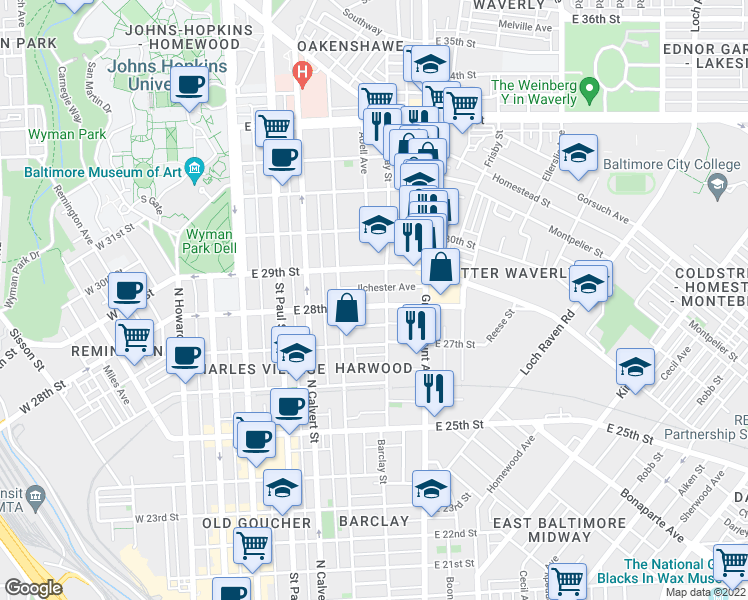 map of restaurants, bars, coffee shops, grocery stores, and more near 332 East 28th Street in Baltimore