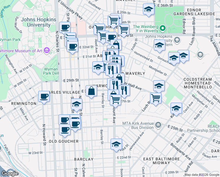 map of restaurants, bars, coffee shops, grocery stores, and more near 434 East 28th Street in Baltimore