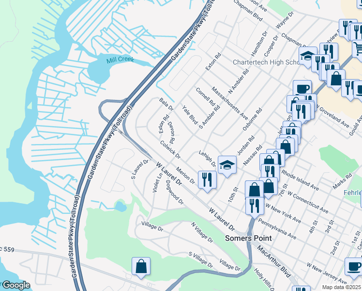 map of restaurants, bars, coffee shops, grocery stores, and more near 122 South Ambler Road in Somers Point