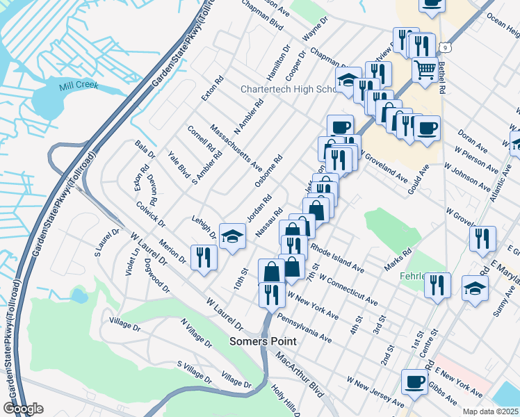 map of restaurants, bars, coffee shops, grocery stores, and more near Jordan Road in Somers Point