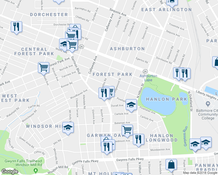 map of restaurants, bars, coffee shops, grocery stores, and more near 3509 Fairview Avenue in Baltimore
