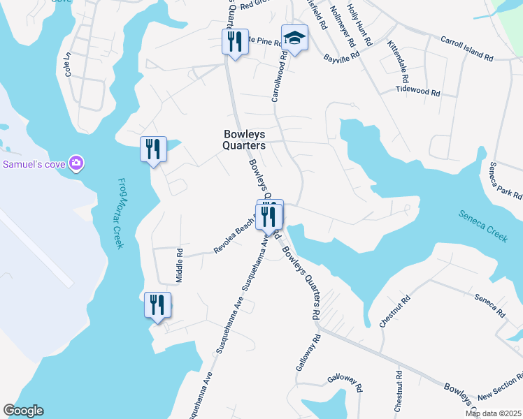 map of restaurants, bars, coffee shops, grocery stores, and more near 3674 Revolea Beach Road in Middle River