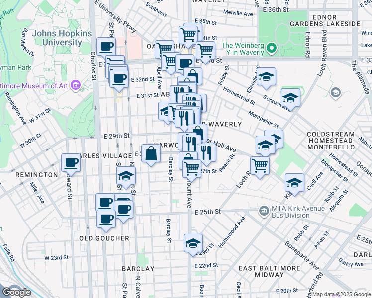map of restaurants, bars, coffee shops, grocery stores, and more near 444 East 28th Street in Baltimore